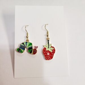 Cute Caterpillar and Strawberry Enamel Dangle Earrings - Red & Green